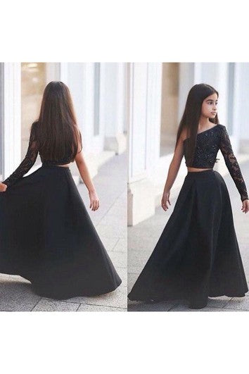 Sexy Black Dos piezas de encaje de encaje Vestido de niña Flower Negra A-Line