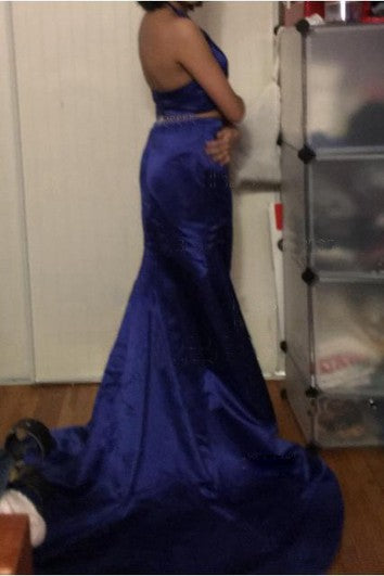 Robe sirène trompette en satin deux pièces à licou sans manches avec fermeture éclair