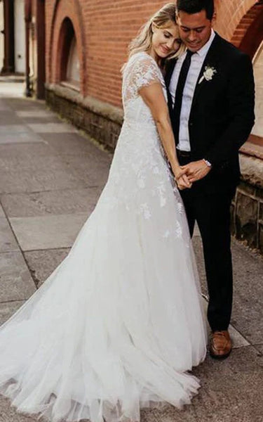 Vestido de boda de tul de tul de manga corta elegante de manga corta con espalda baja