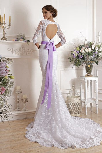 Vestida Long Square Illusion-Sleeving Lace Lace Vestido con cinta