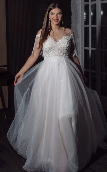 Cowl-neck Off-the-shoulder Plus Size A-line Wedding Dress with Crystal Detailings and Lace applique