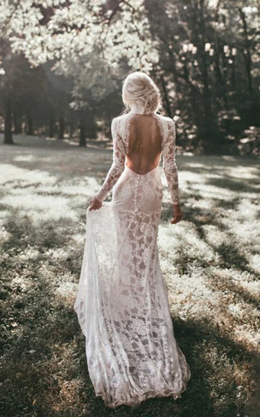 Vestido de novia de manga larga sin espalda sin espalda de encaje de cuello alto con tren de barrido