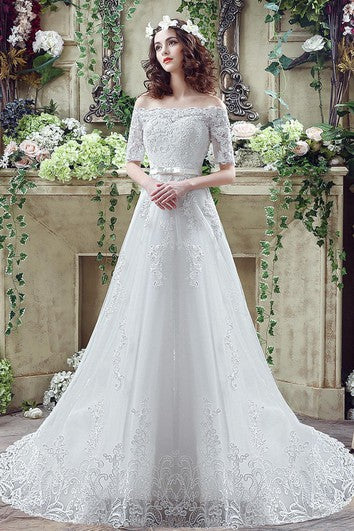Elegantes aplicaciones de encaje fuera del hombro Vestido de novia Bownot Lace-up