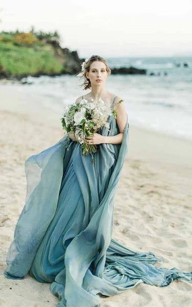 Vestido de dama de honor de boda de spaghetti de chifón azul casual de chifón playa