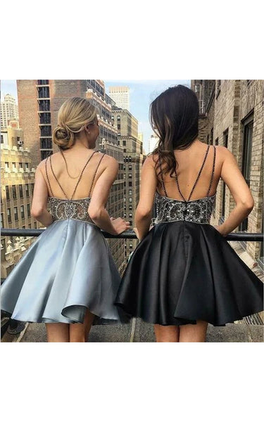 Sexy Spaghetti Notched Empire A-Line Corto Prom Vestido con Top de cuentas