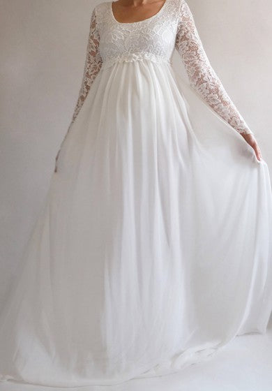 Manga larga de la maternidad Imperio Simple/casual Vestido de boda de tren de barrido de cintura alta/casual