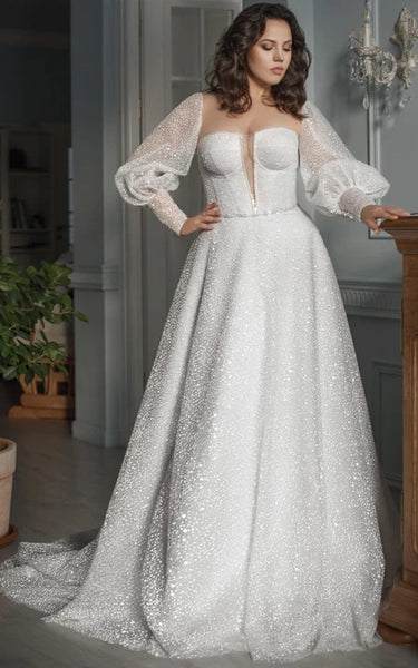 Plus Size Sweetheart Beaded A-line Puff-sleeve Wedding Dress