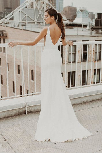 Mermaid V-neck Satin Sexy Wedding Gown With Train And Deep V-back