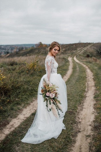 Increíble vestido de novia de tren de dos piezas de dos piezas con botón
