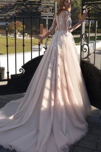 Robe de mariée simple à manches longues et en dentelle avec illusion et bijou, coupe trapèze, longueur au sol, avec appliques