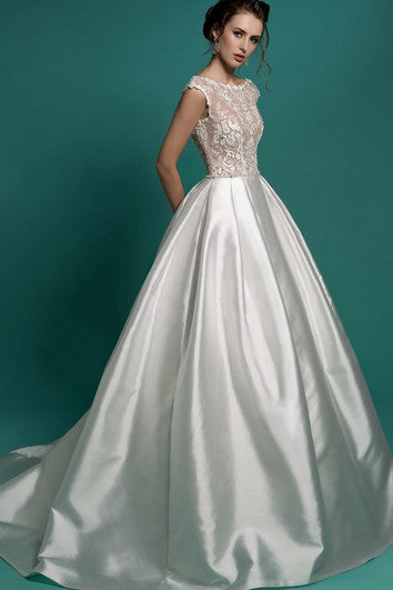 Robe trapèze en satin à manches courtes et col bateau, longueur au sol, avec fermeture éclair, avec appliques et perles