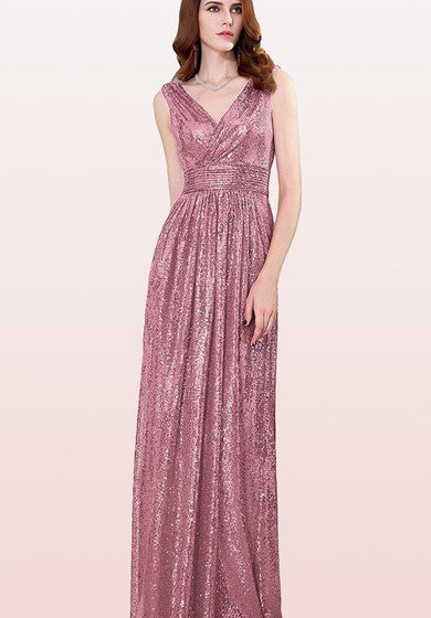 Vestido de dama de honor con lentejuelas sin mangas, con cuello en V, con Ruching