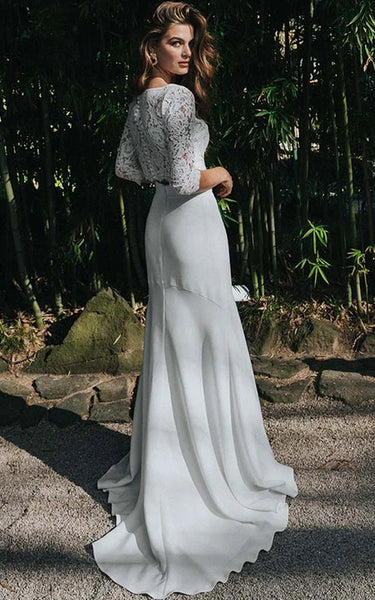 Vestido de novia de media manga de dos piezas con cuello en V con tapa de encaje y división delantera