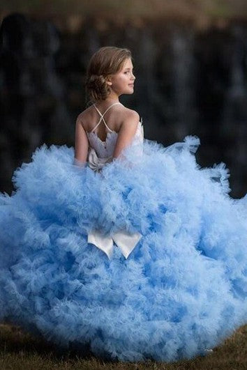 Tulle Spaghetti Cross Back Back Sash Ball Ball Ball Flower Girl Vestido