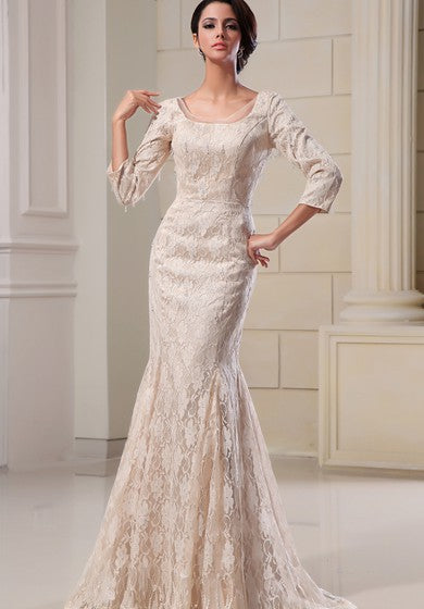 Vestido de sirena de manga larga de cuello cuadrado con apliques de encaje