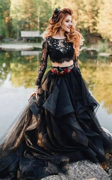 Negro | Prom de manga larga de dos piezas de dos piezas | Vestido de novia con cortinas y flores