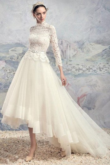 Vestido de encaje de tul de tul de bordado de cuello alto corto