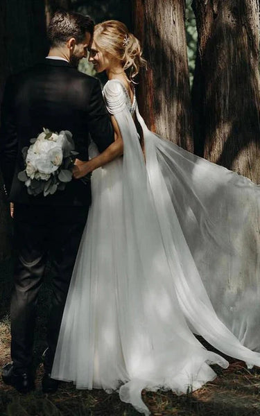 Vestido de novia de la gorra de cuello de cuello de chifón de cuello de cuello de encaje