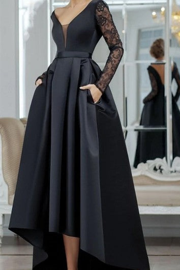 Elegante manga larga Alta un vestido de fiesta de satén de línea con Ruching