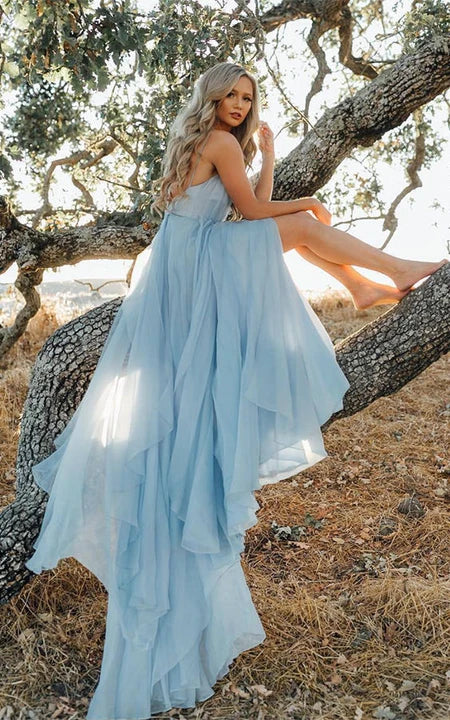 Casual Spaghetti Plunged Empire Chiffon Front Split Blue Dress – Ms. Grace Casual Spaghetti Plunged Empire Chiffon Front Split Blue Dress – Ms. Grace