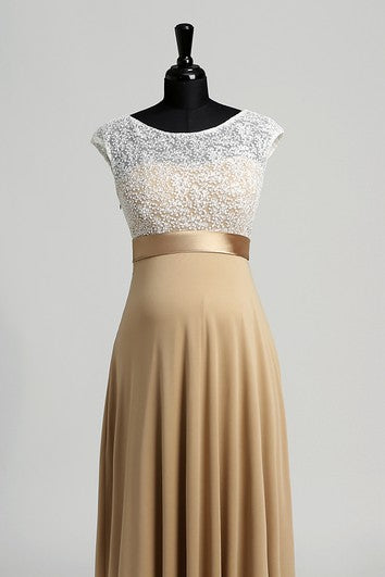 A-line Bateau Cap Short Sleeve Floor-length Jersey Lace Maternity Dress