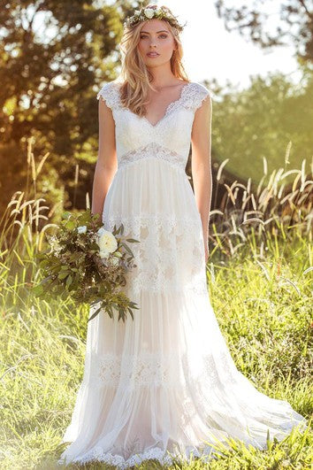 Vestido de boda de encaje y tul y tul de tul-cuello en V