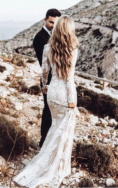long sleeve applique wedding dress Modest Long Sleeve Sheath Lace Applique Scoop-neck Sweep Train Wedding –  Ms. Grace