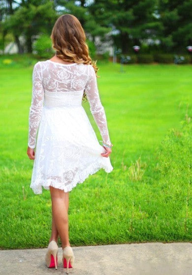 Vestido de novia de rodilla de encaje de mangas largas clásicas con cuentas