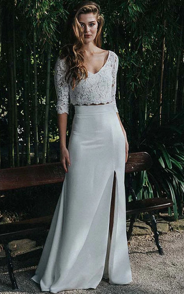 Vestido de novia de media manga de dos piezas con cuello en V con tapa de encaje y división delantera