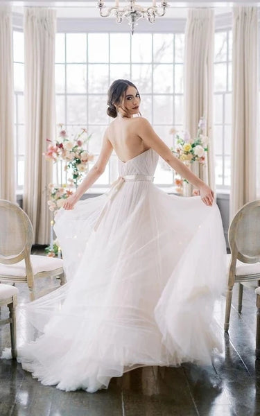 Tulle Tulle Sweetheart Criss-Cross Empire A-Line Plateed Wedding Vestido