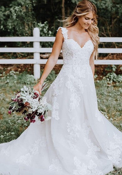 Elegantes Träger Spitzentüll A-Linie Bodenlanges Sweep-Schleppe Ärmelloses Brautkleid mit Applikationen