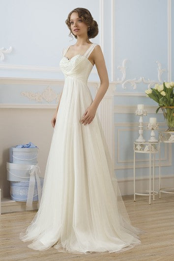 Robe trapèze longue au sol, sans manches, en tulle à lacets, avec applications et plis