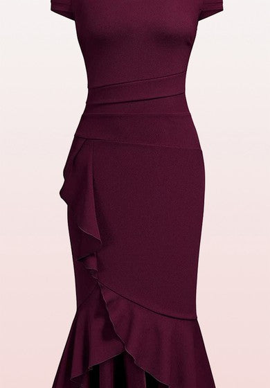 Satinado romántico fuera del hombro Manivelss Bodycon Vestido formal con volantes