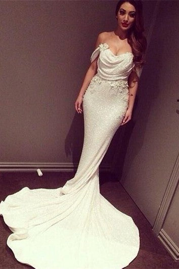 Glitz fuera de los hombros LECUNES Vestidos de graduación Longitud del piso