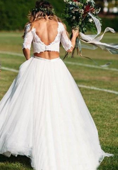Tul de encaje Trajo hasta el piso de la corte de dos piezas Media manga Sexy Wedding Vestido