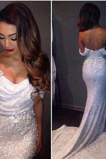 Glitz fuera de los hombros LECUNES Vestidos de graduación Longitud del piso