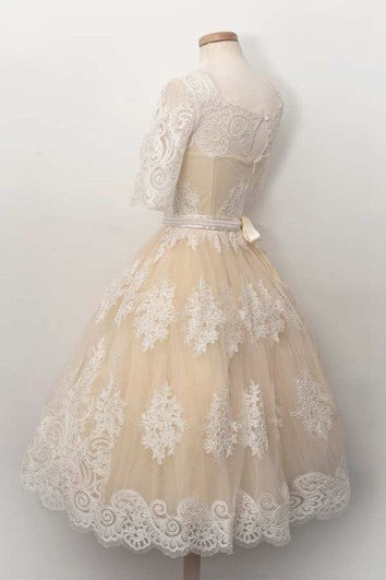 Vestido de encaje A-line de media manga con pliegues con pliegues