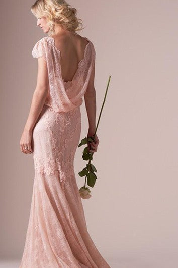 Mermaid Sheath Short Bell Cap Bat Appliques Brush Train Backless Zipper Lace Dress