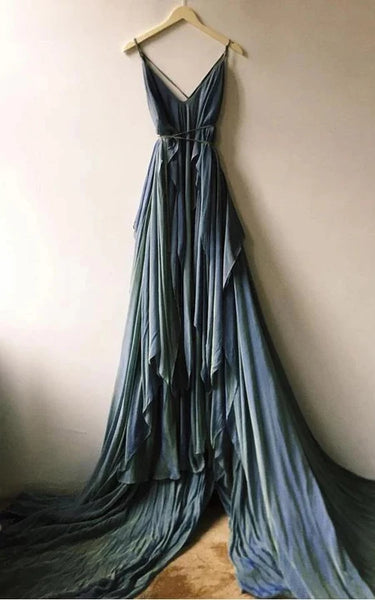 Vestido de dama de honor de boda de spaghetti de chifón azul casual de chifón playa