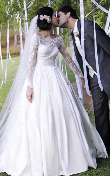 Vestido de boda de vestir de encaje de manga larga sin hombros