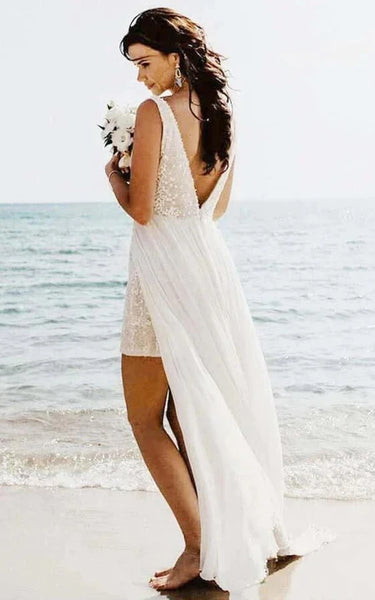 Beach Short V-neck Sleeveless Bodycon Wedding Dress with Chiffon Skirt