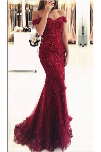 Mermaid Trumpet Lace Tulle Off-the-shoulder Short Sleeve Button Zipper Dress