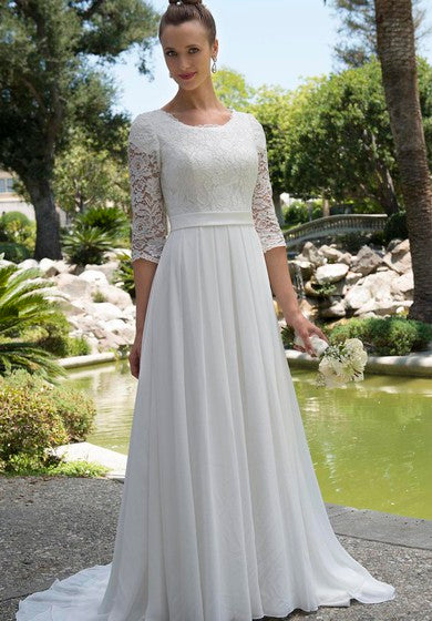 Vestido de boda de chifón de encaje con cuello de playa de Beach informal con 3-4 mangas