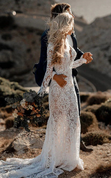 Vestido de boda sin espalda con manga larga de encaje country con tren de la corte
