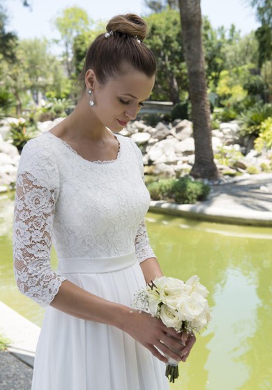 Vestido de boda de chifón de encaje con cuello de playa de Beach informal con 3-4 mangas