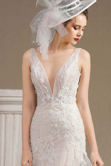 Ilusión que se hunde Siring Mermaid sin mangas de encaje abierto Vestido de novia de espalda con aplicaciones y tren de la capilla