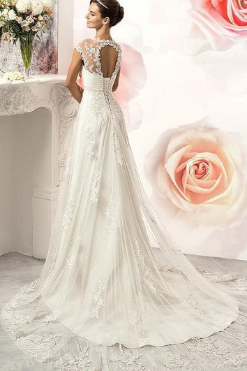 Ventilla A-Line Mini novia sin mangas sin mangas Cape Illusion Beading Appliques Illusion Court Train Illusion Lace-up Vestido de encaje hacia atrás