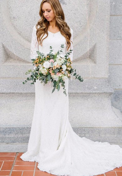 Vestido de boda de encaje de manga larga casual