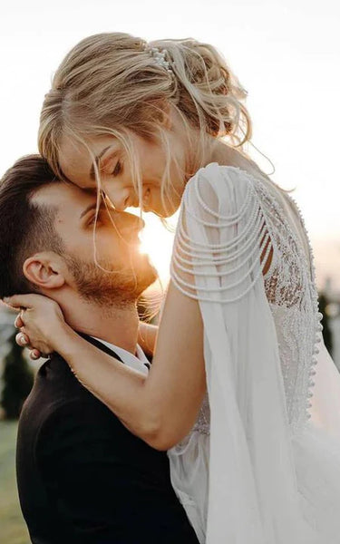 Vestido de novia de la gorra de cuello de cuello de chifón de cuello de cuello de encaje