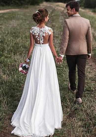 Robe de mariée en mousseline de soie à manches courtes et en dentelle simple et ravissante